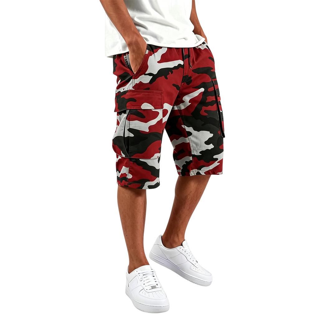 Herren Cargo-Shorts Mehrere Taschen Kordelzug Taille Lockerer Schnitt Knielang Camouflage-Muster Lässige Hose