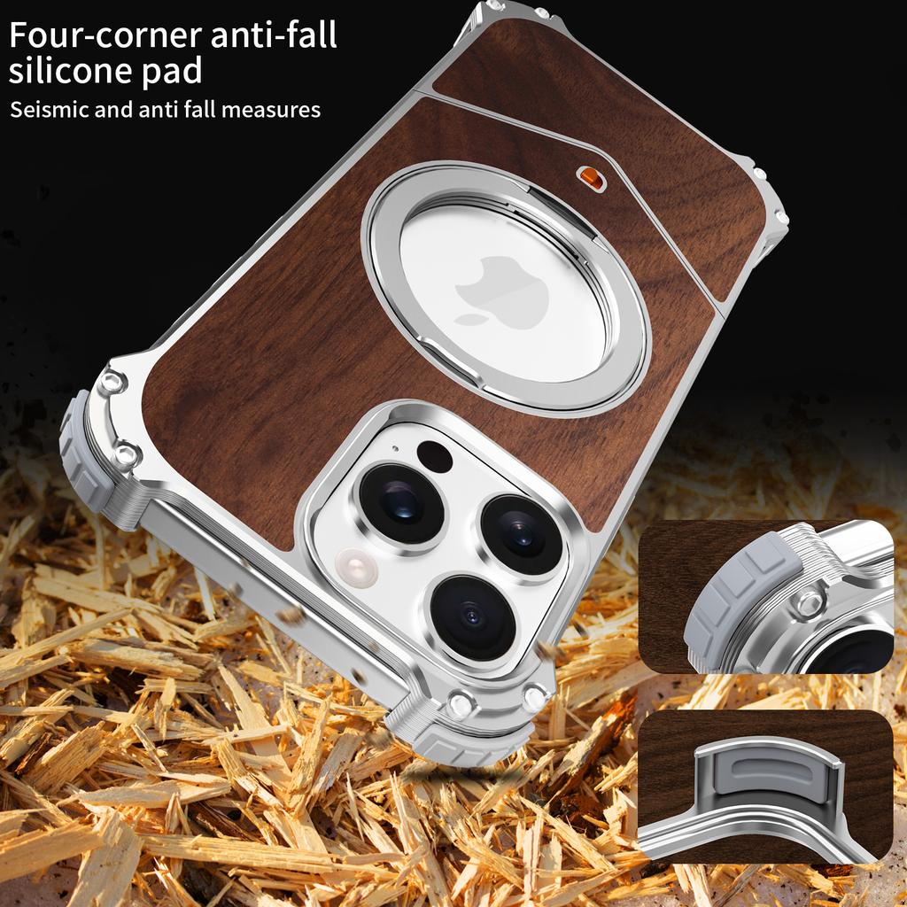 For iPhone 16 Pro Max Magnetic Case Wood + Metal Boardless Phone Back Cover with Ring Kickstand