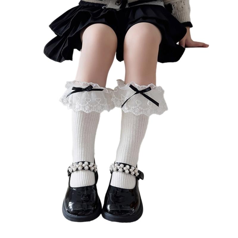 

1 Pair Children s Middle Calf Socks with Lovely Lace Bows Decor Breathable Under Knee Length Stockings Kids Shower Gift бежевый