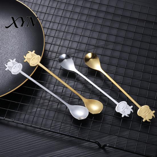 Long Handle Spoon Stainless Steel Coffee Spoon, with Bull Head Decor, Pudding Dessert Multifunctional Stirring for Milk Tea Yogurt Jam Rust Resistant