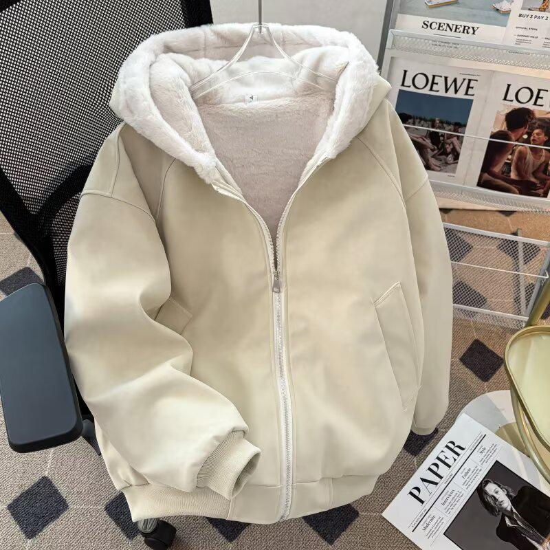 

Unisex Plus Velvet Warm Cotton Jacket - Korean Style Solid Color for Autumn/Winter M абрикосовий