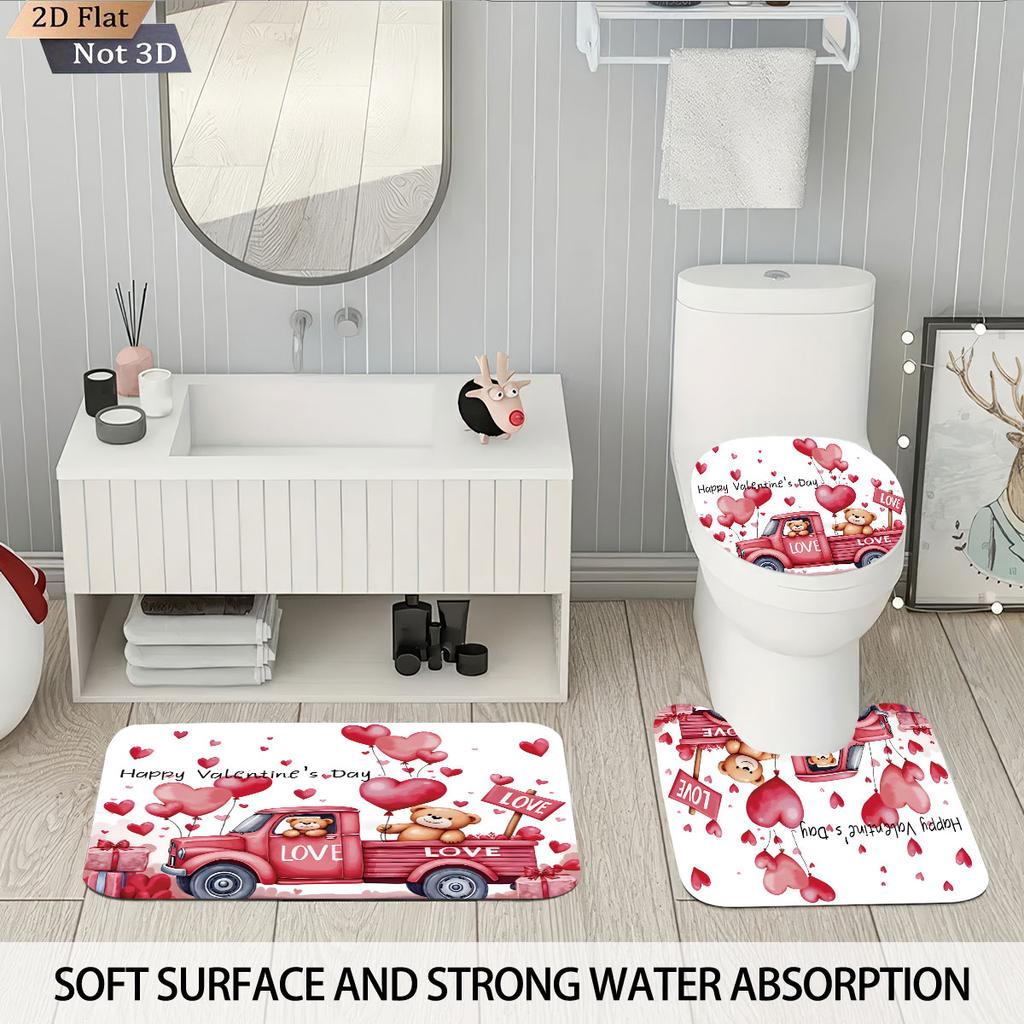 4pcs Valentine's Day Romantic Rose Flower Printed Bathroom Set Waterproof Shower Curtain Floor Mat Toilet Mat U-Shaped Mat