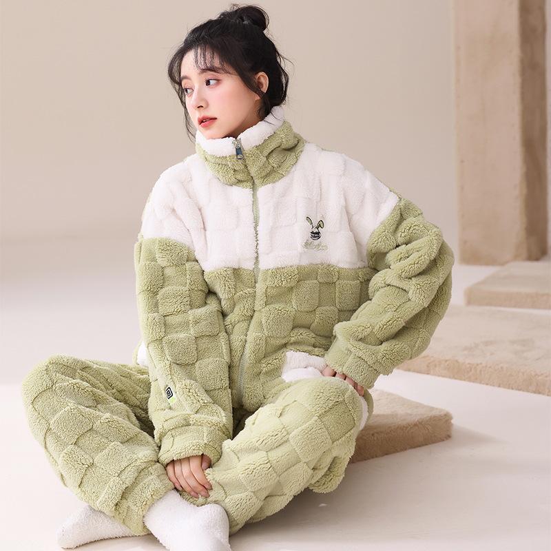 Women's Flannel Jacquard Pajamas - Zippered, Thickened, Warm Autumn/Winter Outerwear