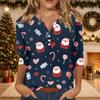 Women's Casual Christmas Print V-Neck 3/4 Sleeve T-Shirt Top with Decorative Buttons