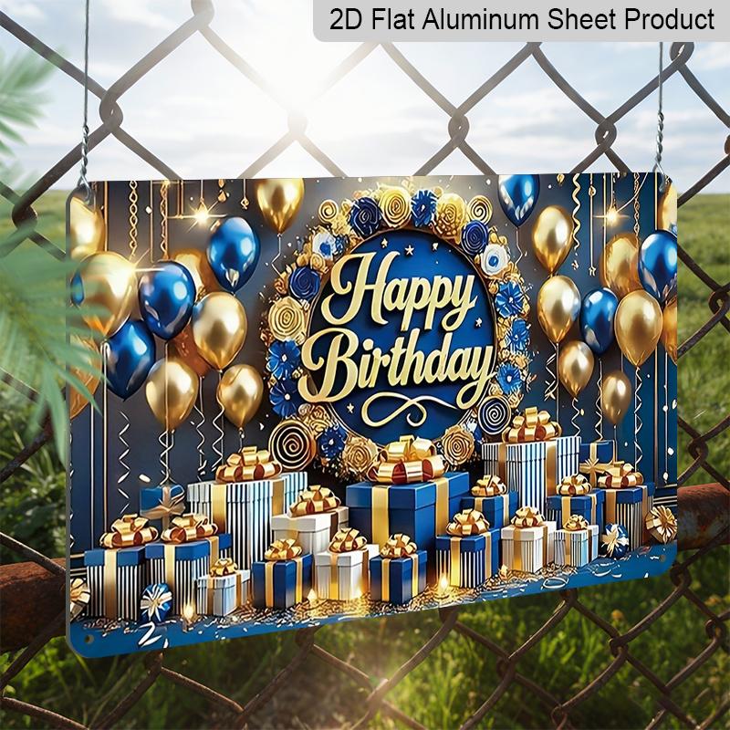 2D Flat, 1pc "Happy Birthday" Blue & Gold Plaque - Luxury Birthday Decor Sign with Balloons & Gifts, Navy Blue & Gold - Aluminium Wall Hanging