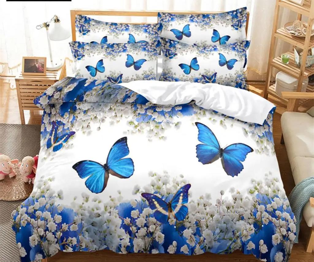 Blue Butterfly Duvet Cover Set King Queen Twin Size Double Bed Single 3D Queen Bedding Sets Pink Quilt Cover with 2 Pillowcases