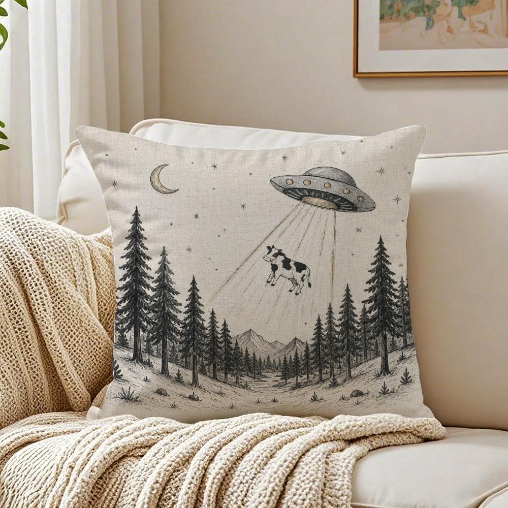 UFO Cow Sci Fi Aesthetic Forest Pillow Case Double-Sided Plush Sofa Cushion Covers Organic Breathable Invisible Zipper