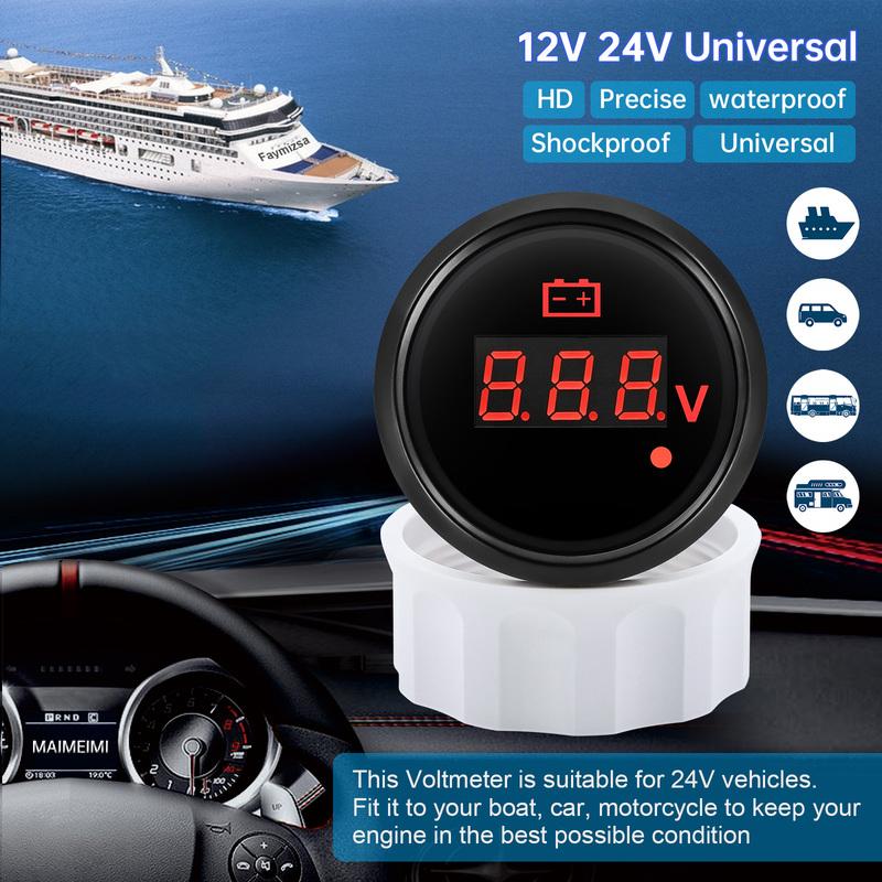 8-32V,28-48V 52mm Voltmeter with Warning Red Light Digital 52mm Voltage Car Gauge Waterproof Auto Marine Yacht 12V24V36V