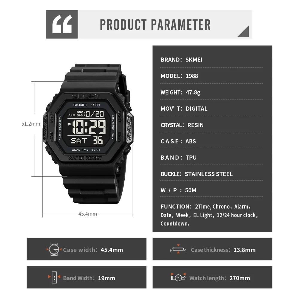 SKMEI 1988 Military Countdown Chrono Wristwatch for Men LED Display Digital Sport Watch Mens Waterproof Clock 1628 Reloj Hombre