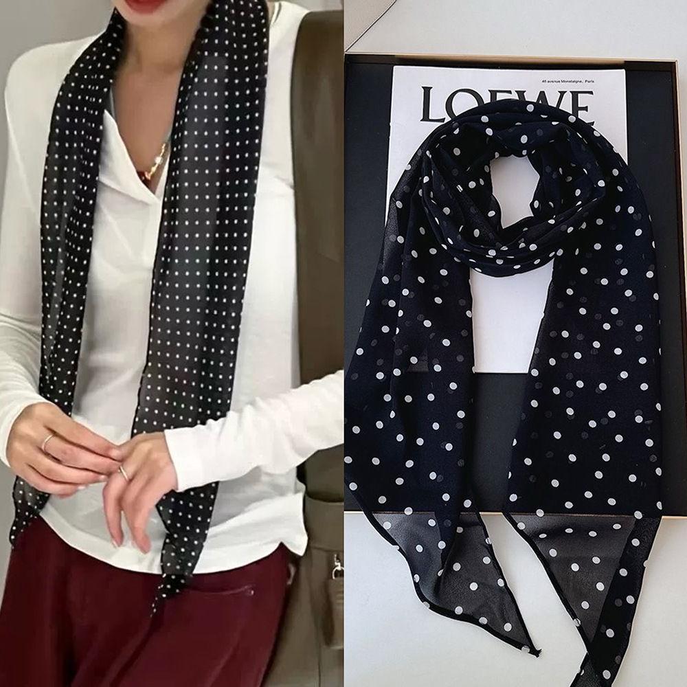 Korean Retro Black Polka Dot Silk Scarf - Y2K Rose Ribbon Bow Style