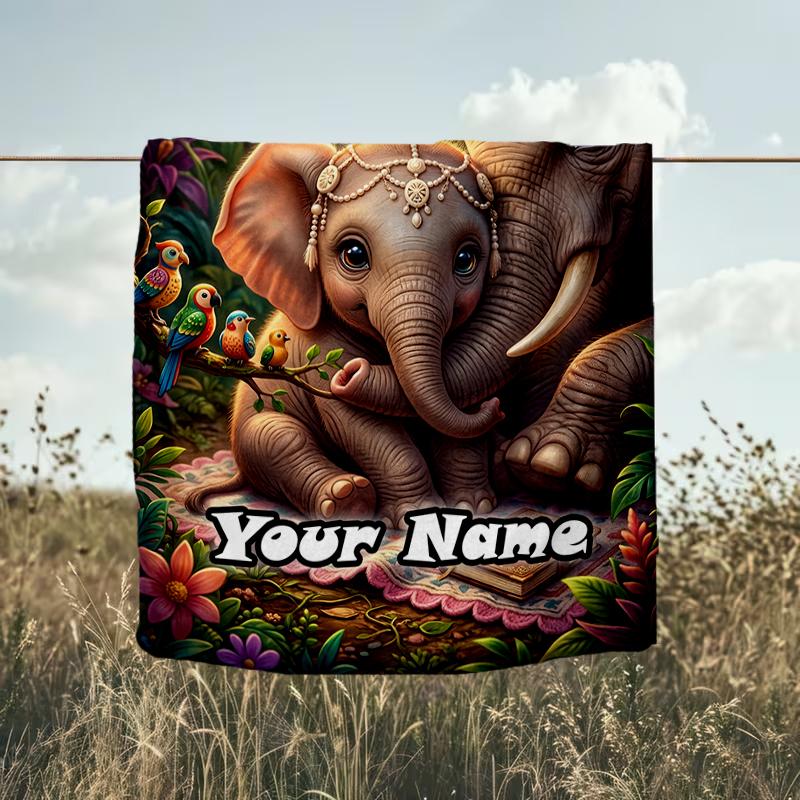 1PC Custom Name Elephant Family Jungle flannel blanket versatile,all-season throw suitable for the living room,bedroom,camping,travel,and gift