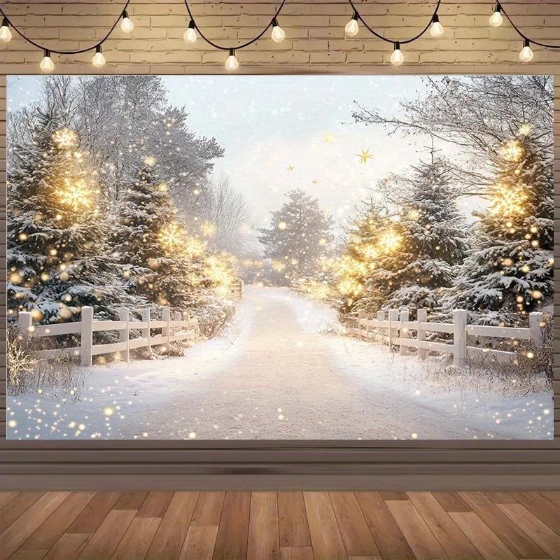 1 piece of winter wonderland background fabric - glowing effect of snow-covered paths durable polyester fabricZL
