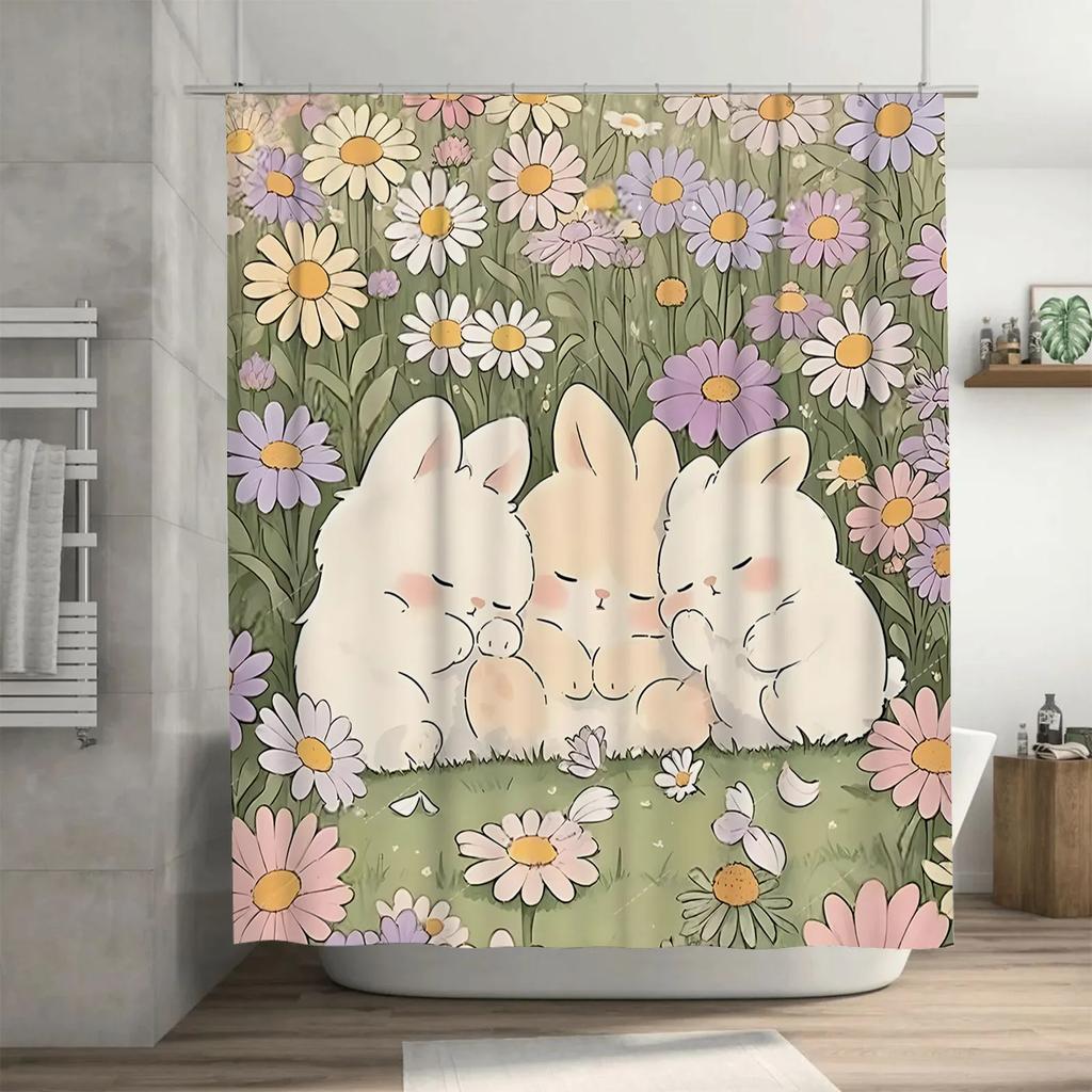 Chic Bunny Flower Shower Curtain For Home Decor - Cute Cartoon Design Waterproof Bathroom Mat For Kids And Adultsrustproofhooks
