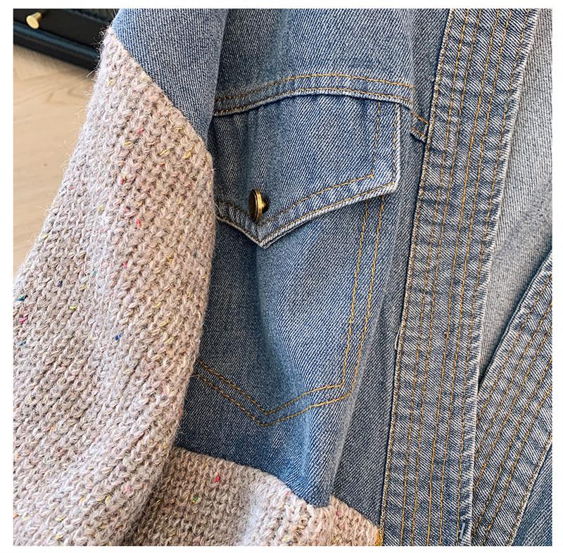 Women's Vintage Denim Patchwork Sweater Coat Woman Autumn and Winter Thickened Loose Cardigan