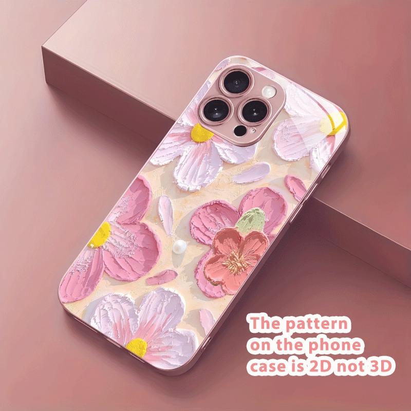 Artistic Pink Floral Pattern Metallic Paint Glass Hard Phone Case For iPhone 17 16 15 14 13 12 11 Pro Max Plus 17 Air 16E Cover