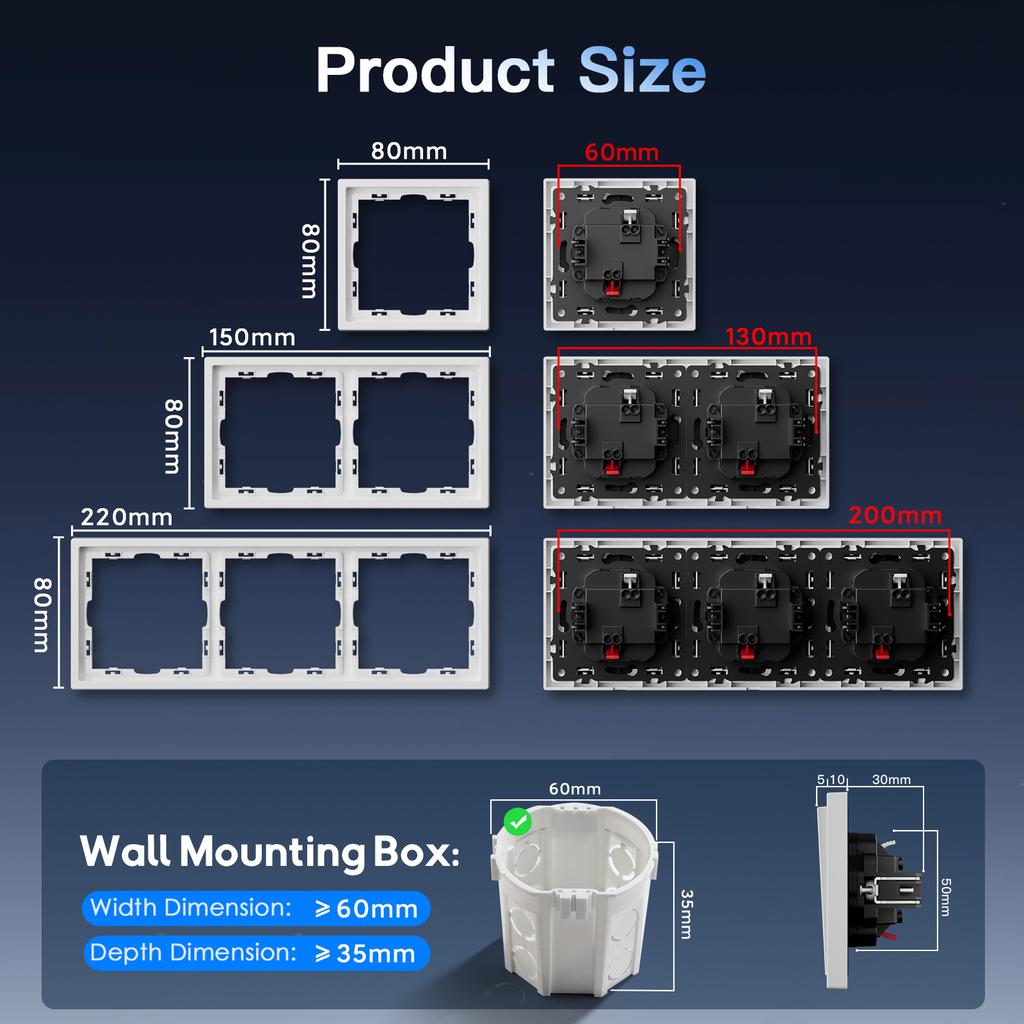 BSEED 1/2Gang Mechanical Button Light Switch 1/2Way Wall Switches Plus French Sockets Power Outlets Plastic Panels White Series