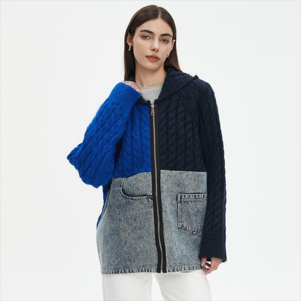 DIMANAF 2025 Herbst Neu Damen Lange Jacke Reißverschluss Pullover Mantel Patchwork Mantel Stricktaschen Pullover