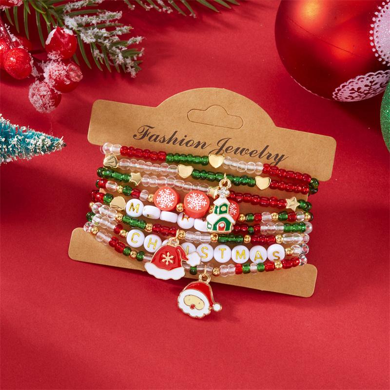 Handmade Soft Clay Beaded Christmas Bracelets Sets for Women Men Enamel Xmas Tree Bell Santa Snowflake Bracelets Trendy Jewelry