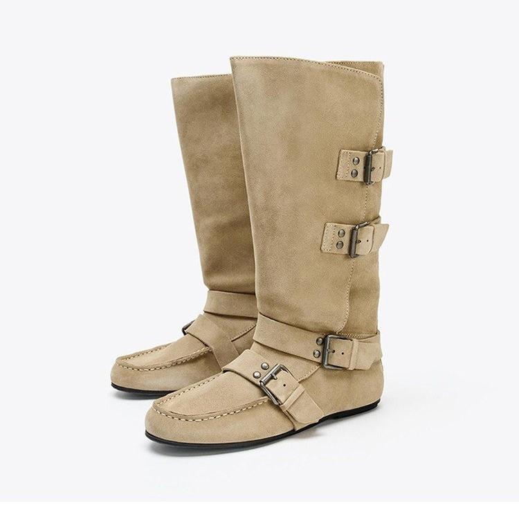 Soft leather version~ French hand stitching retro round head belt buckle knight boots women's comfortable inner height increase and thin Martin boots