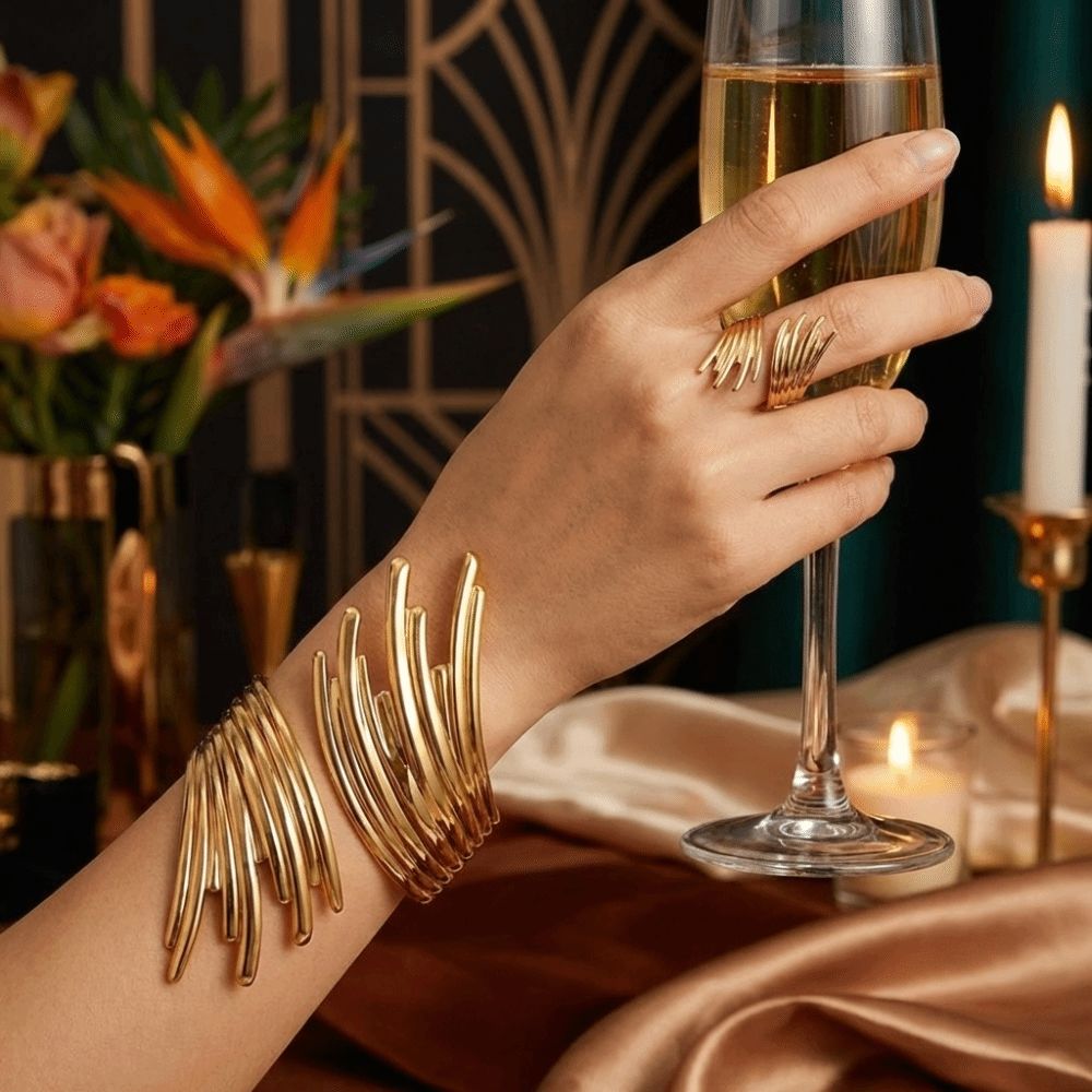 Jewelry Metal Open Bangles Geometric Upper Arm Cuff Luxury Bangles Ring Set  Party Jewelry