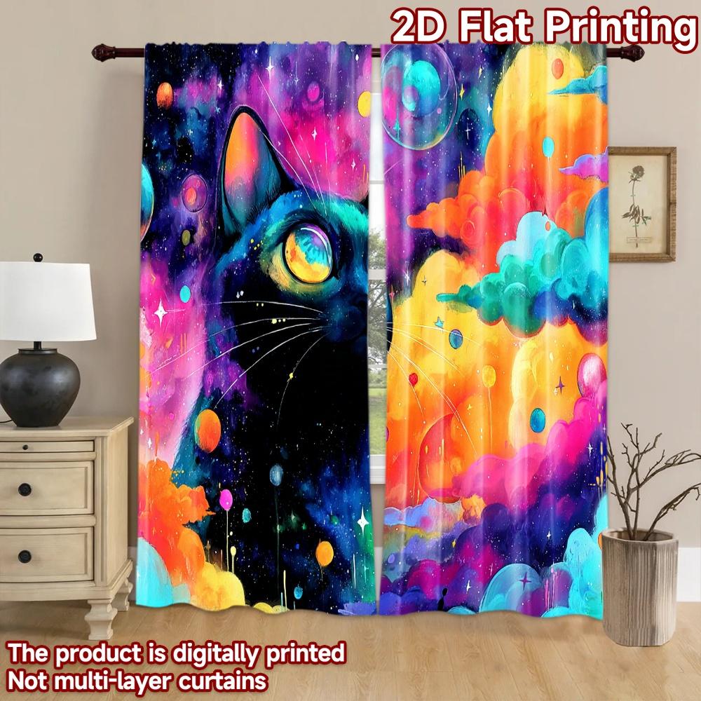 2D flat printing 2pcs Curtain Cosmic Cat Galaxy Digital Printed Polyester Drapes Festive Holiday Perfect for Photo Booths &