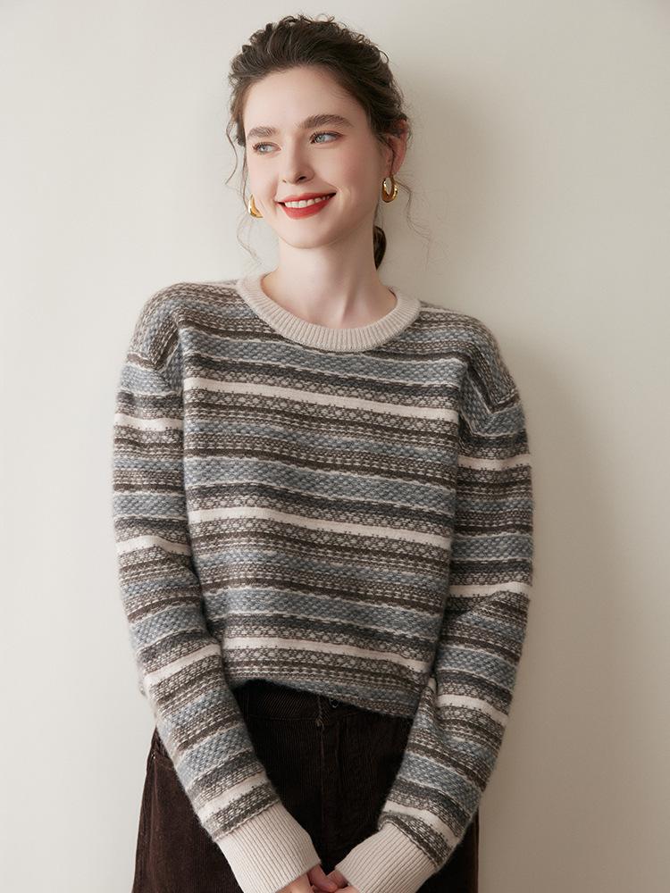 Retro kašmírový svetr Fair Isle pro ženy, Zesílený, Kulatý výstřih, Volný úpletový top