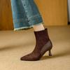 High Heel Short Boots Thin Heel Pointed Skinny Boots Suede Splicing Coffee Boots Medium Boots