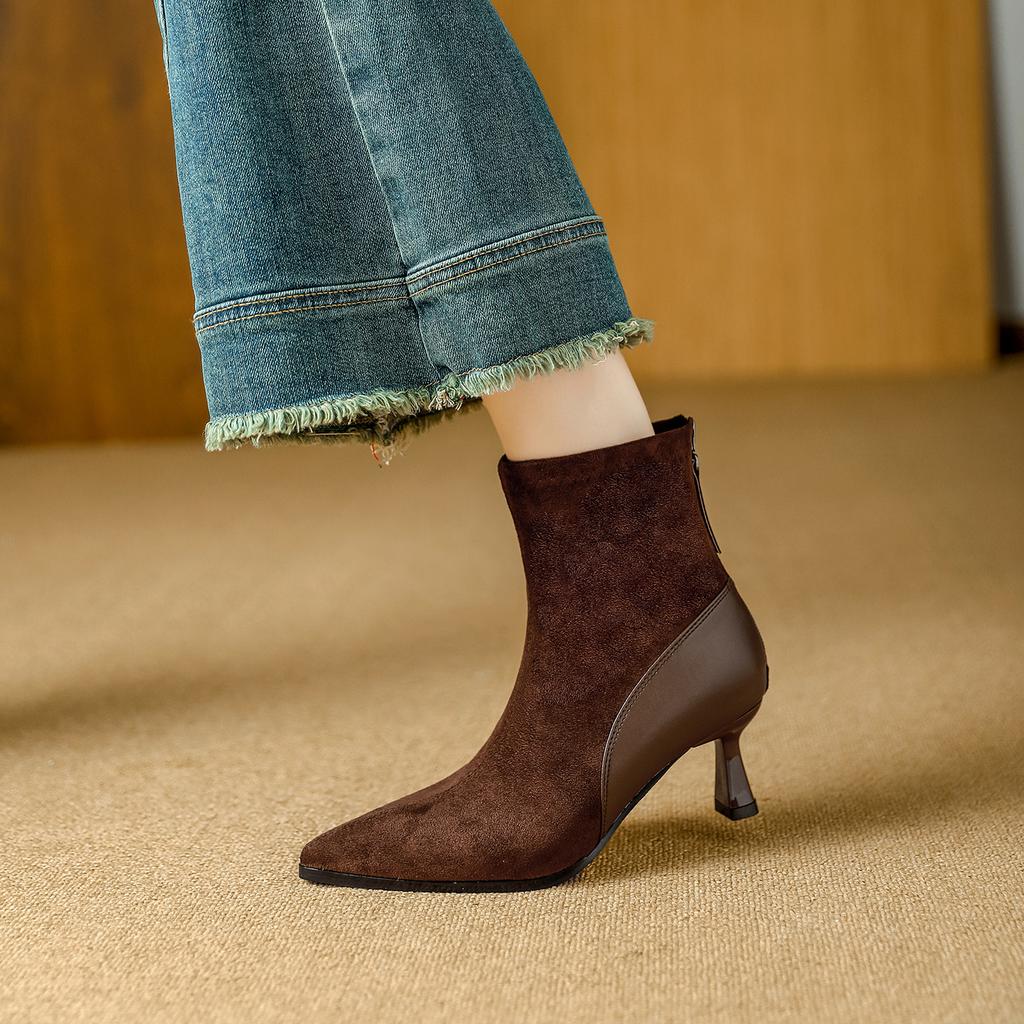 High Heel Short Boots Thin Heel Pointed Skinny Boots Suede Splicing Coffee Boots Medium Boots