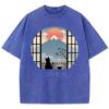 T Shirt Vintage Washed 100% Cotton T-Shirt Japanese Style with Mountain Cat Graphic Tee Casual Streetwear Spring Summer Fall