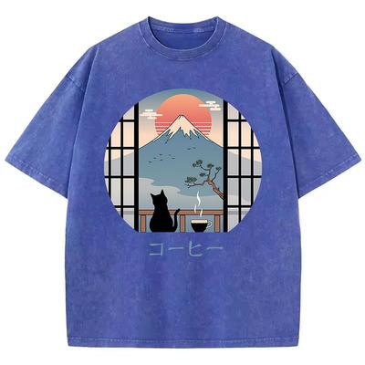 T Shirt Vintage Washed 100% Cotton T-Shirt Japanese Style with Mountain Cat Graphic Tee Casual Streetwear Spring Summer Fall