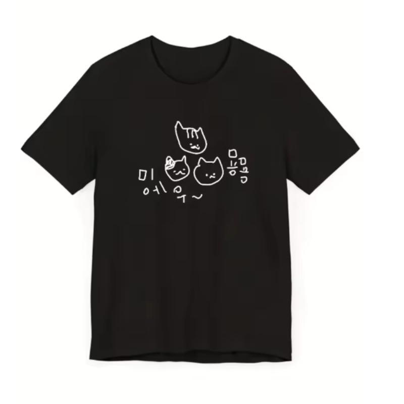 

Style Black Cute Cartoon Cat Korean Text Print Short Sleeve TShirt Unisex Oversized Comfortable Couples Streetwear Clothing S