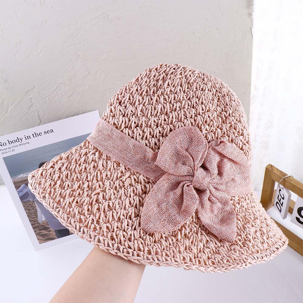 Matching Solid Color Bow Bucket Hats Seaside Straw Hat Women Sun Hat Korean Style Cap Shading Hat