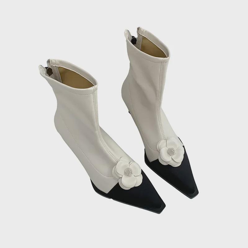 2024 Autumn/Winter French Floral Stiletto Ankle Boots - Women's Pointed Toe Elastic High Heel