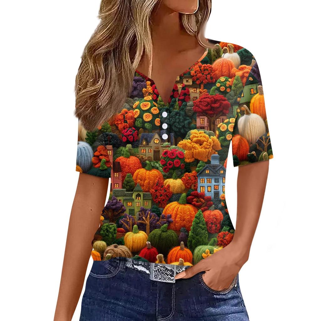 Women's T Shirt Halloween Print Button Short Sleeve Daily Weekend Fashion Basic V- Neck Regular Top