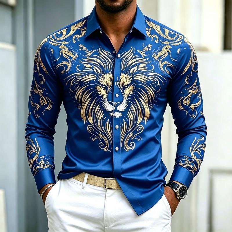 High Quality Men's Shirt Long Sleeved Shirt Solid Color Lion Head Print Design Baroque Business Casual Top Fabric Comfortable