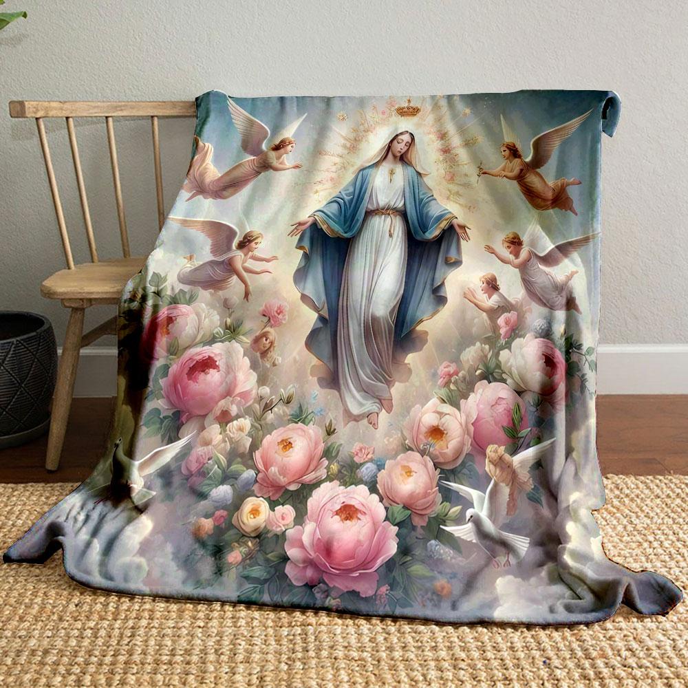 

Our Lady Surrounded by Angels and Peonies Cozy Blanket Printed Blanket for Living Room Bed Couch lunch break Blanket for Friend s festival Gift 80cm x 120cm