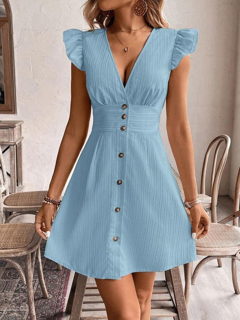 Summer New European and American Sexy High Waist Solid Color V-Neck Striped Button Dress
