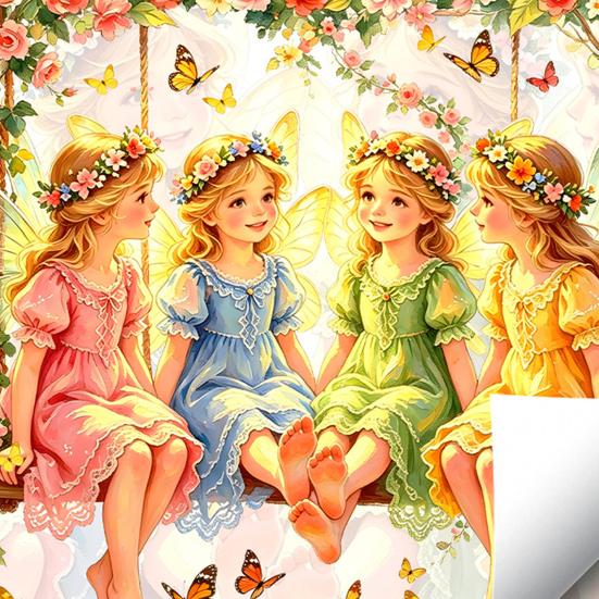 Fairy Window Sticker, Watercolor 4 Fairies Swing Window Cling, Colorful Flowers Butterflies Static Glass Decal for Kids Room Bedroom