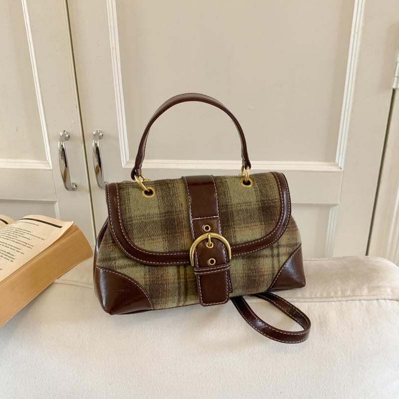 Autumn Winter Women's Woolen Plaid One Shoulder Bags Texture PU Splicing Square Handbags Korean Fashi Crossbody Bags