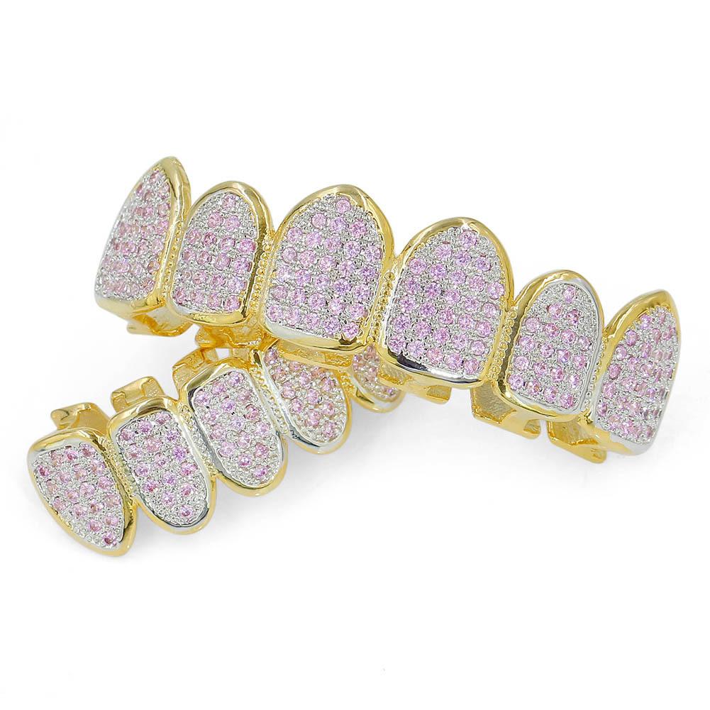 New Custom Fit Hip Hop Gold Teeth Grillz Micro Pave Fuchsia Cubic Zirconia Top & Bottom Grills Set for Christmas Gift Women