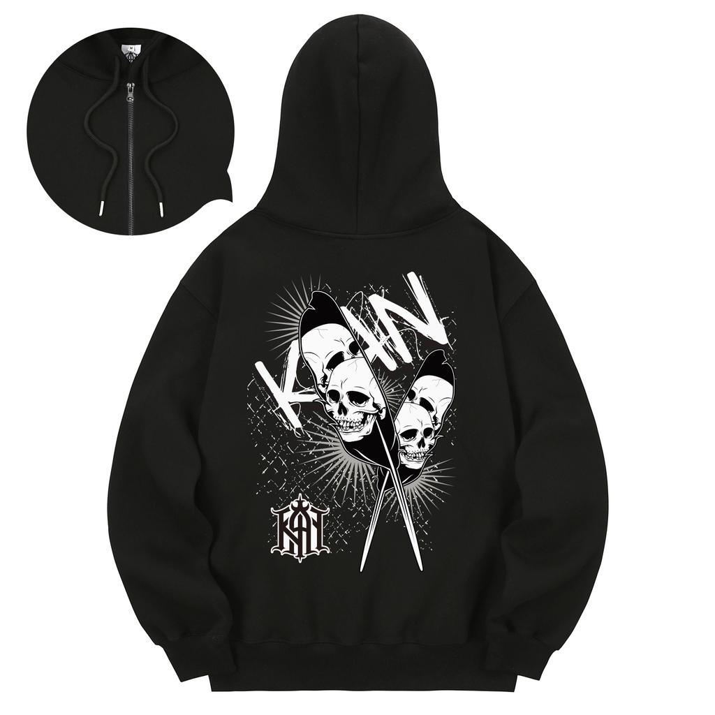 Kan6312 Khzb0091 Wing Skull Fleece-Lined Zip-Up Hoodie Black