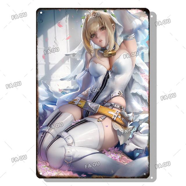 Sexy Anime Girl Metal Plate Game Figure Vintage Tin Sign Bar Club Art Decorative Plaques for Modern Home Room Wall Decor Poster