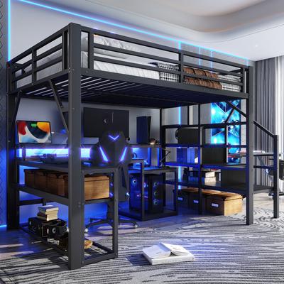 Loft Bed, 140 X 200 Cm, Iron Frame, Storage Compartment, Staircase, Safety Railing, with LED Light Strip, Desk, with USB Port, Without Mattress, Black