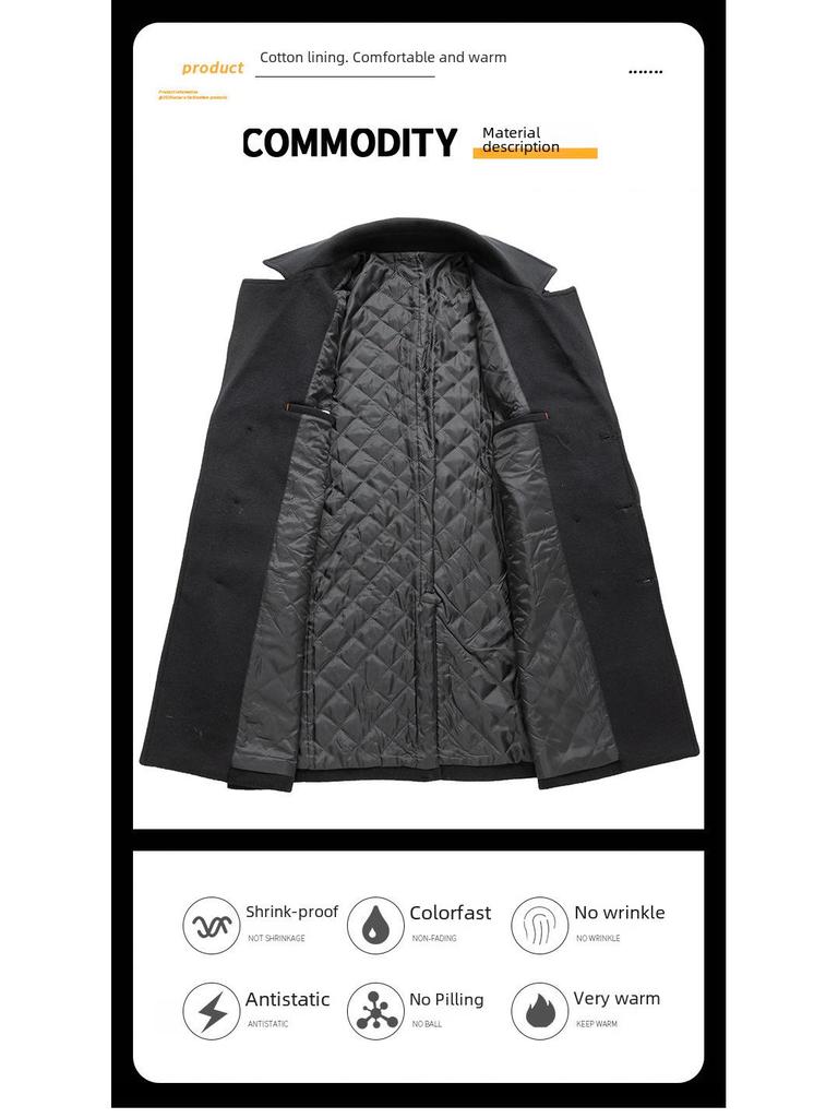 Men's European-Size Double-Breasted Woolen Coat - Medium Length, Fashionable Lapel for Autumn & Winter