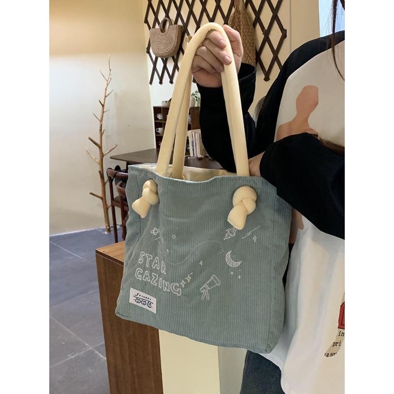 Autumn and Winter Women's Bag Korean New Corduroy Embroidered Letter Shoulder Bag Female College Student Class Tote Bag