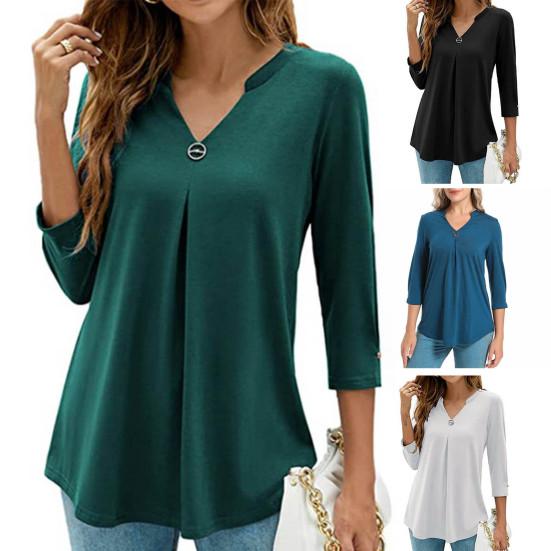 V Neck 45355 Sleeve Pin Decor Pleated Hem Women T-shirt Spring