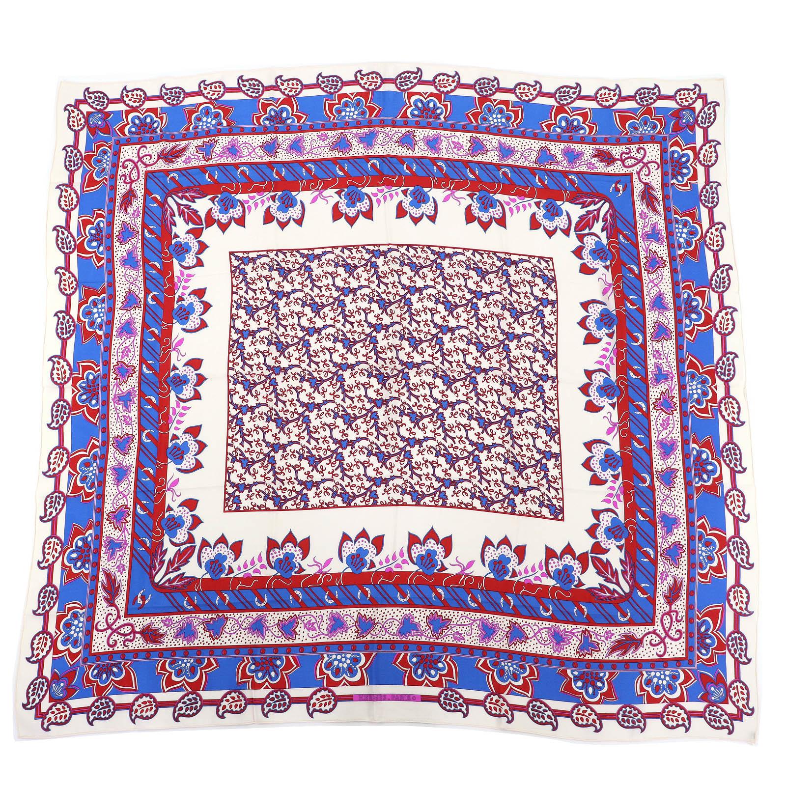 

Great HERMES scarf Paisley motif all-over print stole shawl Ivory red blue silk Used
