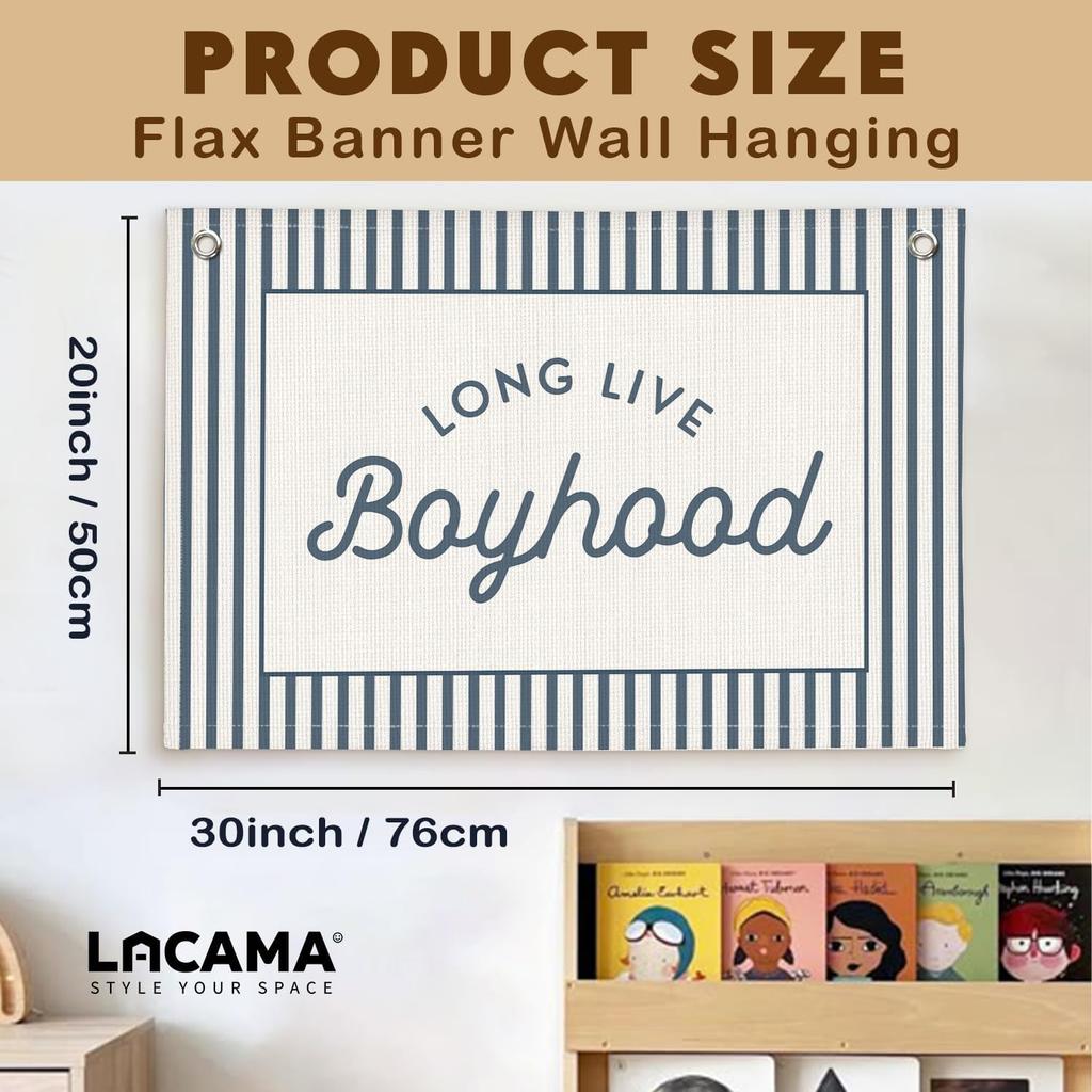 Lacama Vintage Blue Long Live Boyhood Boys Room Decor, Boy Nursery Decor, Linen Banner Wall Hanging Canvas Banner Flag Decor for Toddler Boy Room