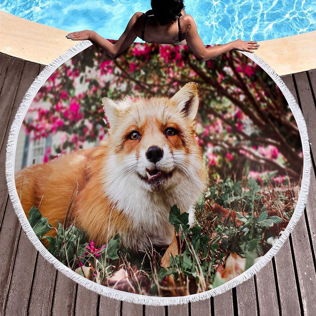 Fox Round Beach Towel, Jungle Wild Animal Beach Blanket,Rustic Farmhouse Woodland Fox Absorbent Quick Dry Pool Towel Picnic Mat