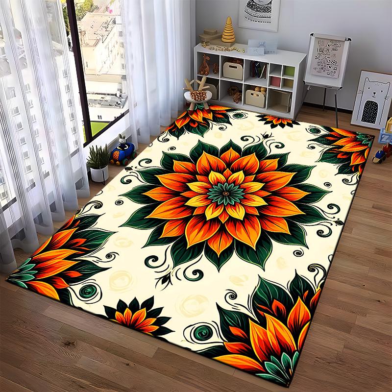 Colorful Floral Mandala Design Rug Non-slip rug suitable for living room and bedroom sofas.